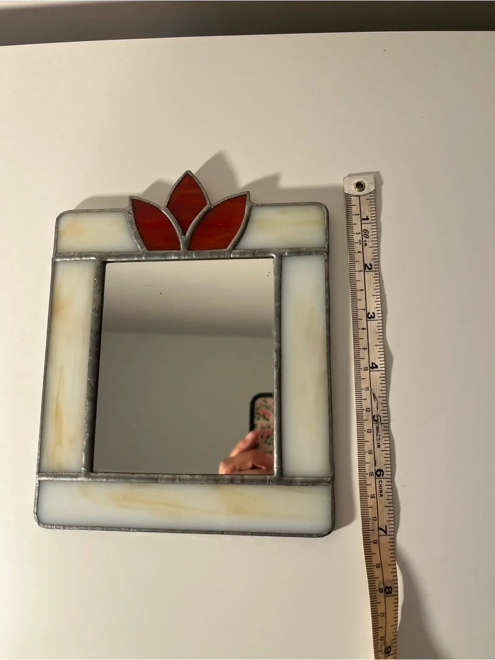 Stained Glass Mirror with Red Floral Accent